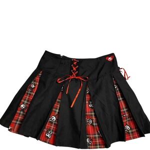 Skeletal Animals Skelanimals Punk Plaid Skull Pleated Mini Skirt Lace Up M
